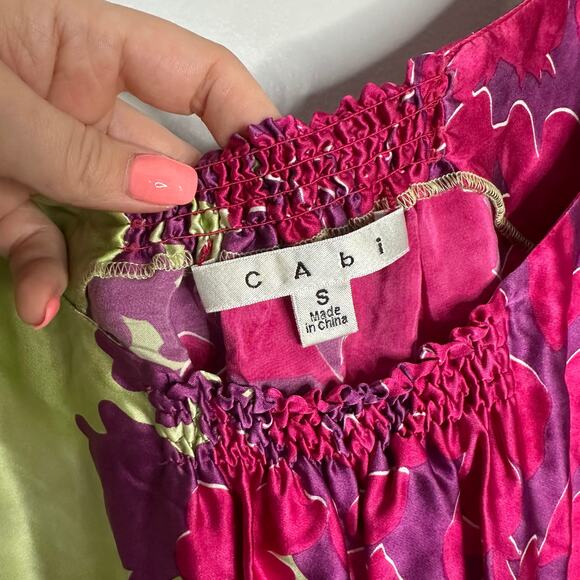 Cabi Women's Cosmo Floral Print 100% Silk Pink Green Sleeveless Tunic Blouse S - Picture 2 of 8